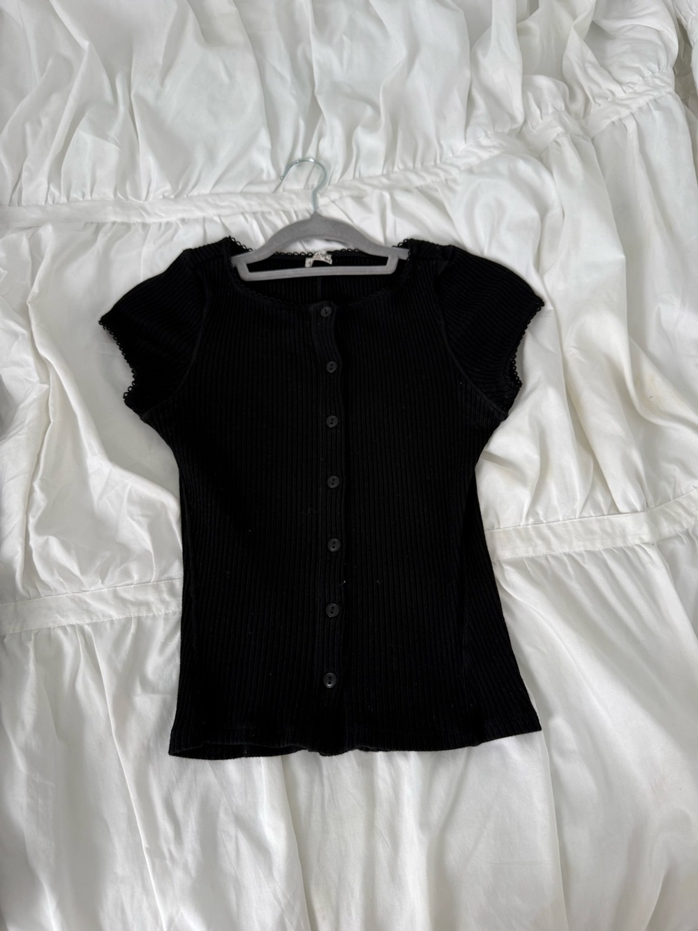 Free People Black Ribbed Button-Front Top with Lace Trim